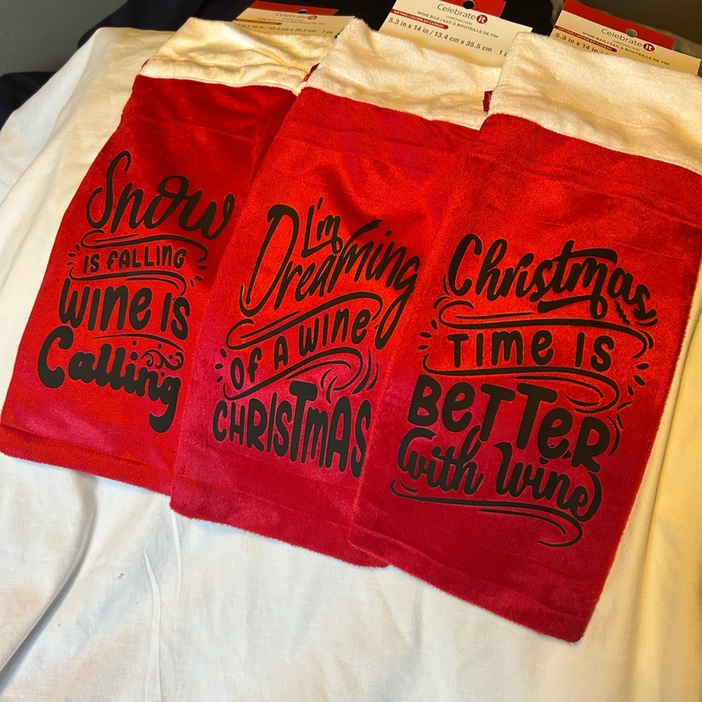 Christmas Wine Bags set Red with‎ white fur trim Custom made